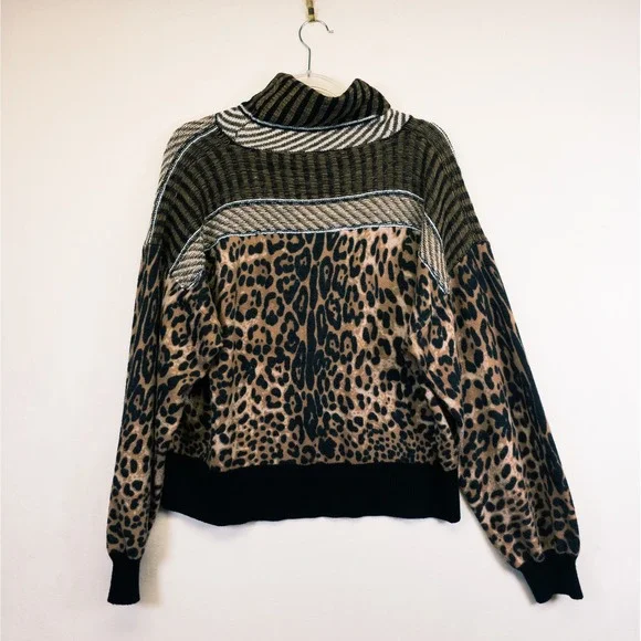 Gimmicks Sweater Womens L Brown Leopard Print Mixed Media Boho Indie Mob Wife - Picture 7 of 16